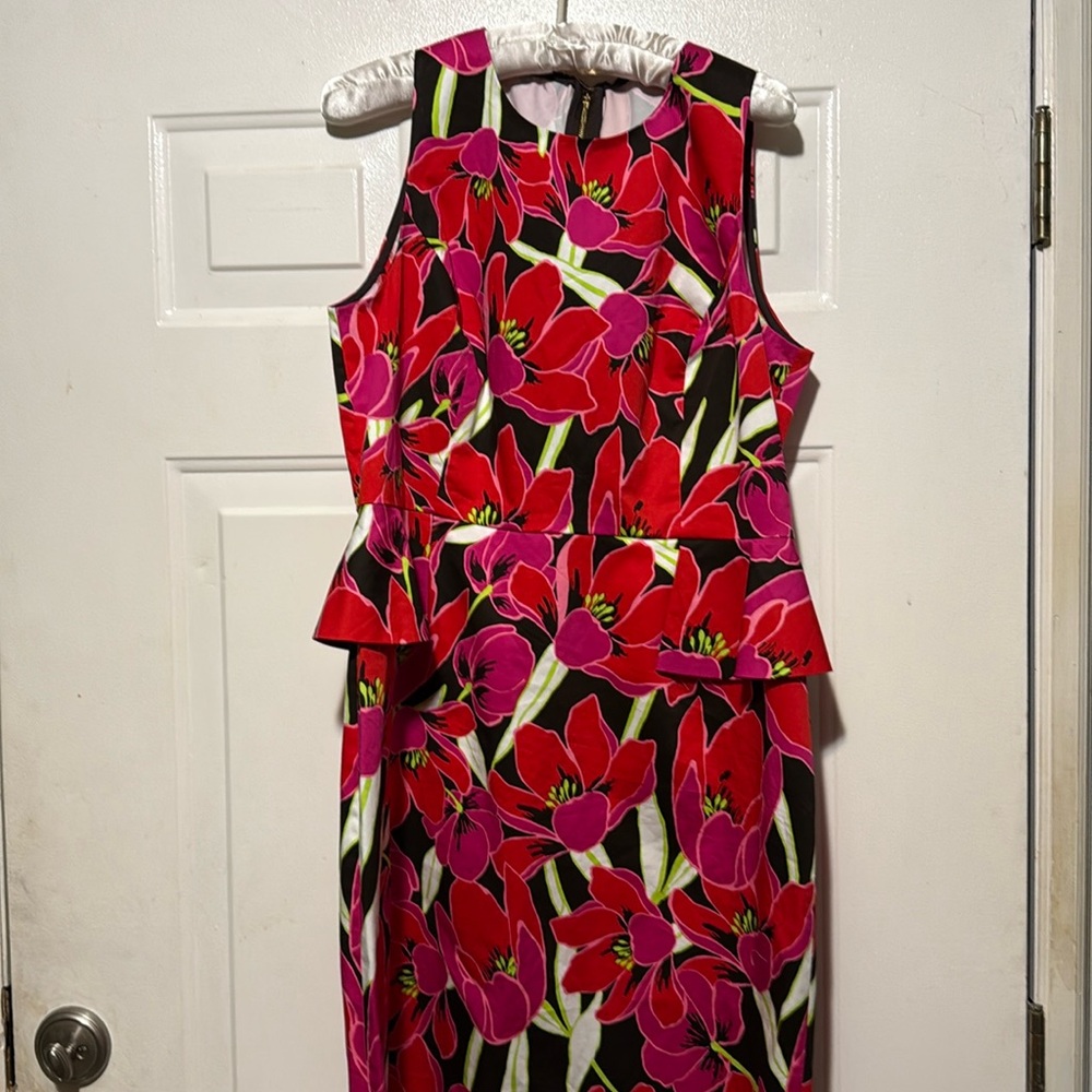 KATE SPADE Sz 14 RIO SLEEVELESS PEPLUM DRESS SHEATH Floral TROPICAL RED/PINK. - Picture 16 of 16